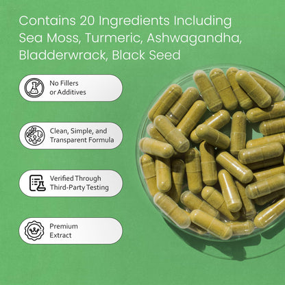 Sea Moss, Black Seed Oil, Bladderwrack, Turmeric, Ashwagandha, Burdock, Vitamin C, D3, Yellow Dock Root, Manuka, Dandelion - 90 Veggie caps NaturaLife LabsBuy Supplements Australia