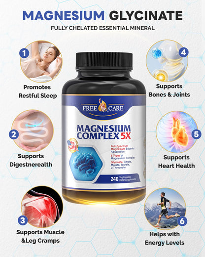 820mg Magnesium Complex 240 Veggie Capsules,for Women & Men with Magnesium Glycinate,Citrate, Malate,Taurate & L-Threonate for Sleep, Mood, Muscle Relaxation & Nerve Function Vegan Friendly, Non-GMO - Maple Wellness Supplements