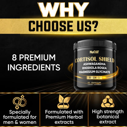 8in1 Cortisol Shield - Ashwagandha and Magnesium, Rhodiola Rosea, Lions Mane, Sea Moss, Turmeric, St Jonh's Wort - Mind& Mood Balance, Rest Well, Support Immume - 60 Capsules - Maple Wellness Supplements