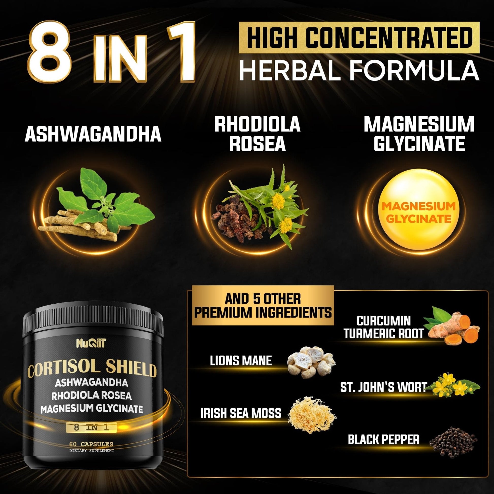 8in1 Cortisol Shield - Ashwagandha and Magnesium, Rhodiola Rosea, Lions Mane, Sea Moss, Turmeric, St Jonh's Wort - Mind& Mood Balance, Rest Well, Support Immume - 60 Capsules - Maple Wellness Supplements