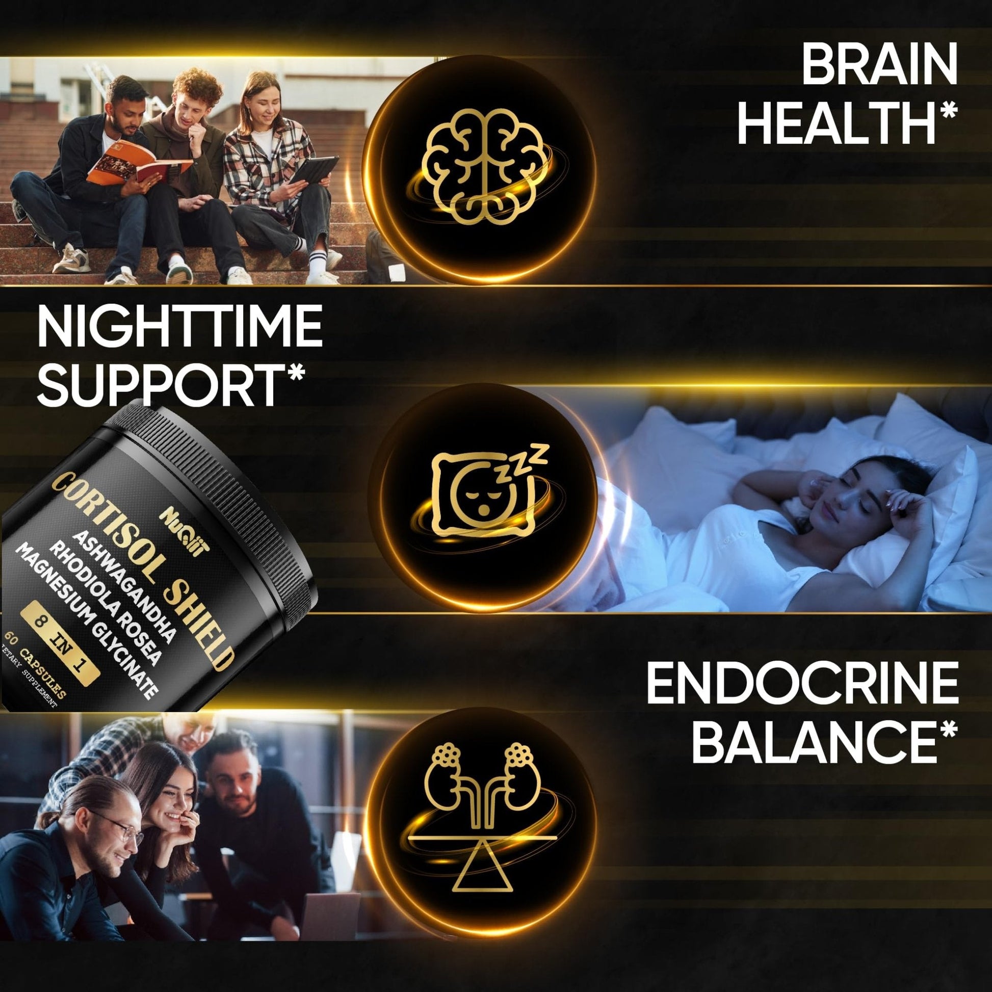 8in1 Cortisol Shield - Ashwagandha and Magnesium, Rhodiola Rosea, Lions Mane, Sea Moss, Turmeric, St Jonh's Wort - Mind& Mood Balance, Rest Well, Support Immume - 60 Capsules - Maple Wellness Supplements