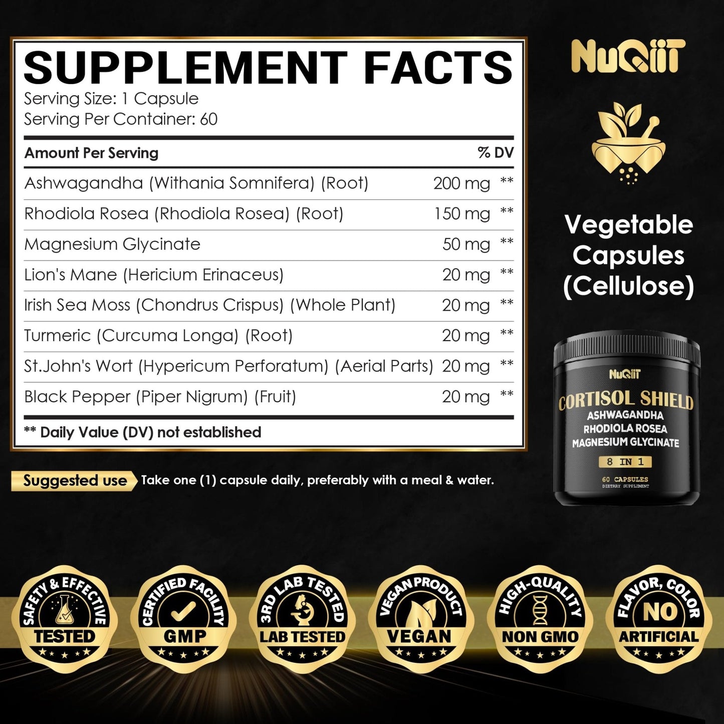 8in1 Cortisol Shield - Ashwagandha and Magnesium, Rhodiola Rosea, Lions Mane, Sea Moss, Turmeric, St Jonh's Wort - Mind& Mood Balance, Rest Well, Support Immume - 60 Capsules - Maple Wellness Supplements