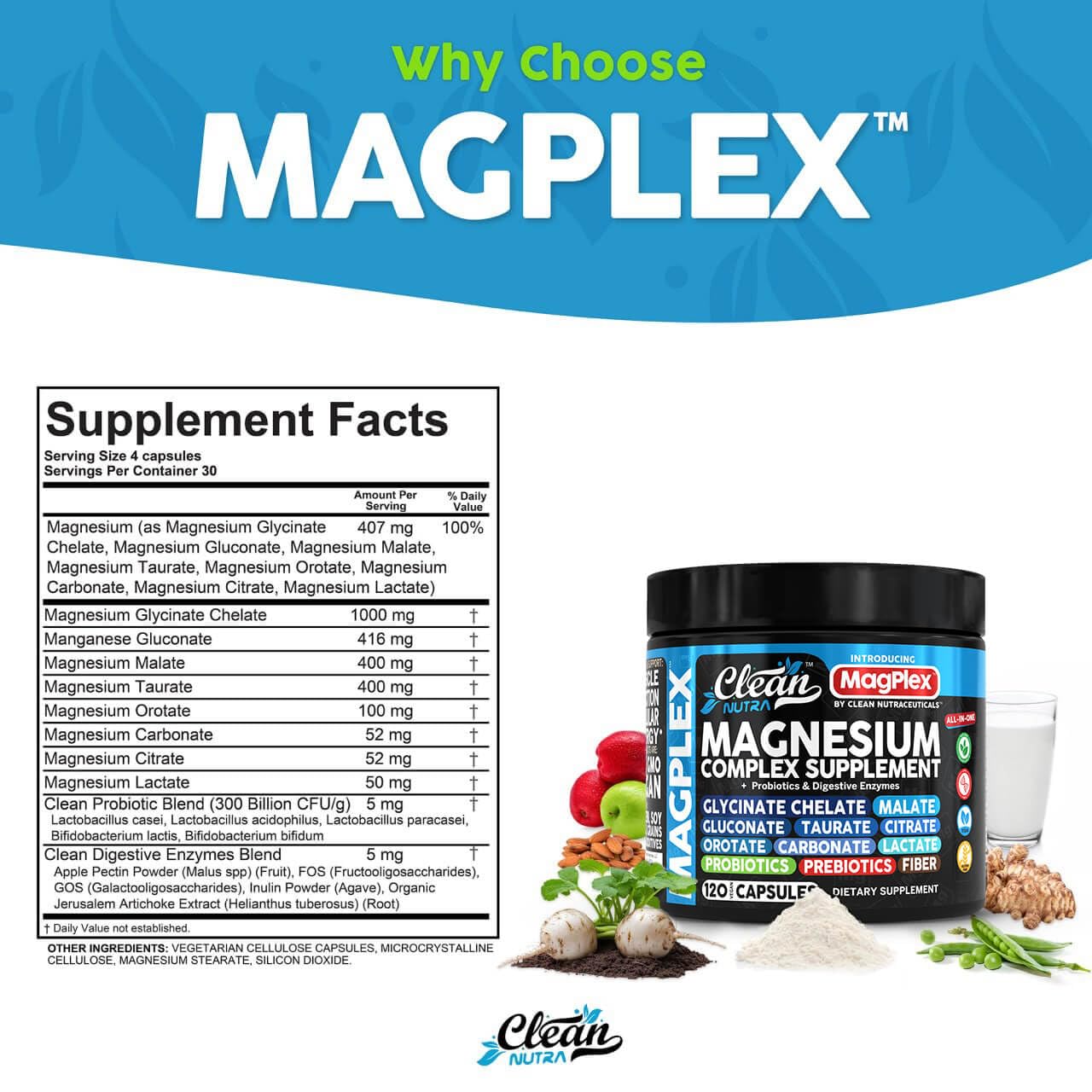 8in1 Magnesium Supplement Complex | Magnesium Glycinate Citrate Malate Gluconate Orotate Carbonate Lactate + Prebiotics Probiotics Digestive Enzymes Magnesio - Maple Wellness Supplements