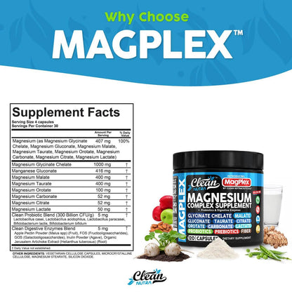 8in1 Magnesium Supplement Complex | Magnesium Glycinate Citrate Malate Gluconate Orotate Carbonate Lactate + Prebiotics Probiotics Digestive Enzymes Magnesio - Maple Wellness Supplements