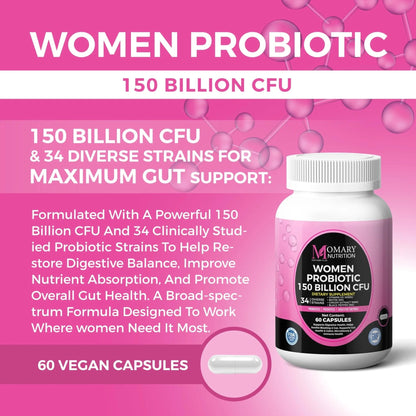 9-in-1 Bio Cultures Complex for Women – 150 Billion CFU Probiotics with 34 Diverse Strains, Organic Prebiotics, Postbiotics, Digestive Enzymes & Biotin – Supports Digestive Balance & Gut Microbiome - Maple Wellness Supplements