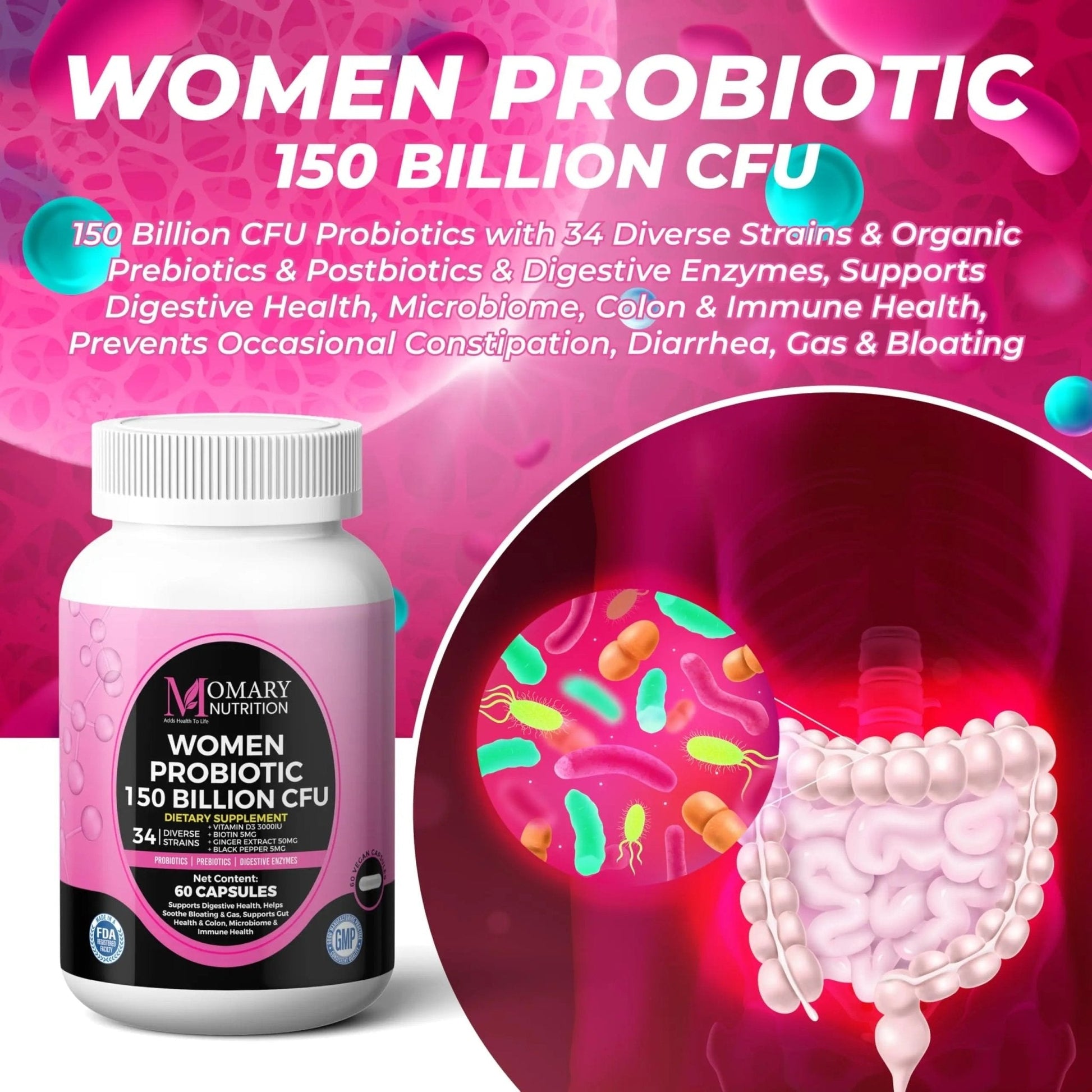 9-in-1 Bio Cultures Complex for Women – 150 Billion CFU Probiotics with 34 Diverse Strains, Organic Prebiotics, Postbiotics, Digestive Enzymes & Biotin – Supports Digestive Balance & Gut Microbiome - Maple Wellness Supplements