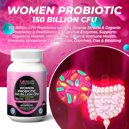 9-in-1 Bio Cultures Complex for Women – 150 Billion CFU Probiotics with 34 Diverse Strains, Organic Prebiotics, Postbiotics, Digestive Enzymes & Biotin – Supports Digestive Balance & Gut Microbiome - Maple Wellness Supplements