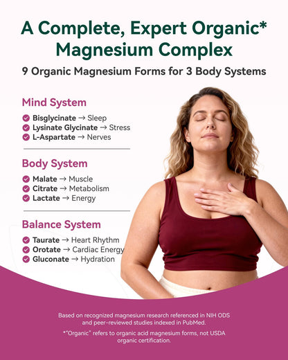9-in-1 Magnesium Complex, 300mg Magnesium from 9 Organic Forms, Glycinate, Citrate, Malate, High Absorption for Sleep & Relaxation, Energy & Muscle Support, 90 Capsules - Maple Wellness Supplements