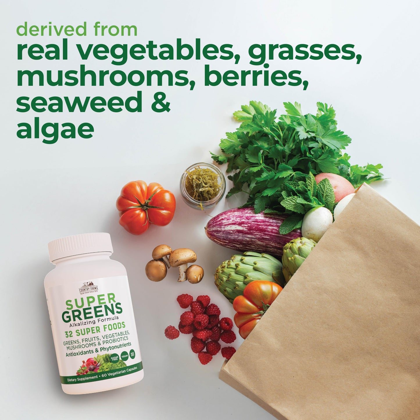 Country Farms Super Greens Vegicaps, 32 Super Foods, Whole Food Supplement, Greens, Fruit, Vegetables, Mushrooms & Probiotics, Rich in Antioxidants & Phytonutrients, 60 Count, 30 Servings Country FarmsBuy Supplements Australia