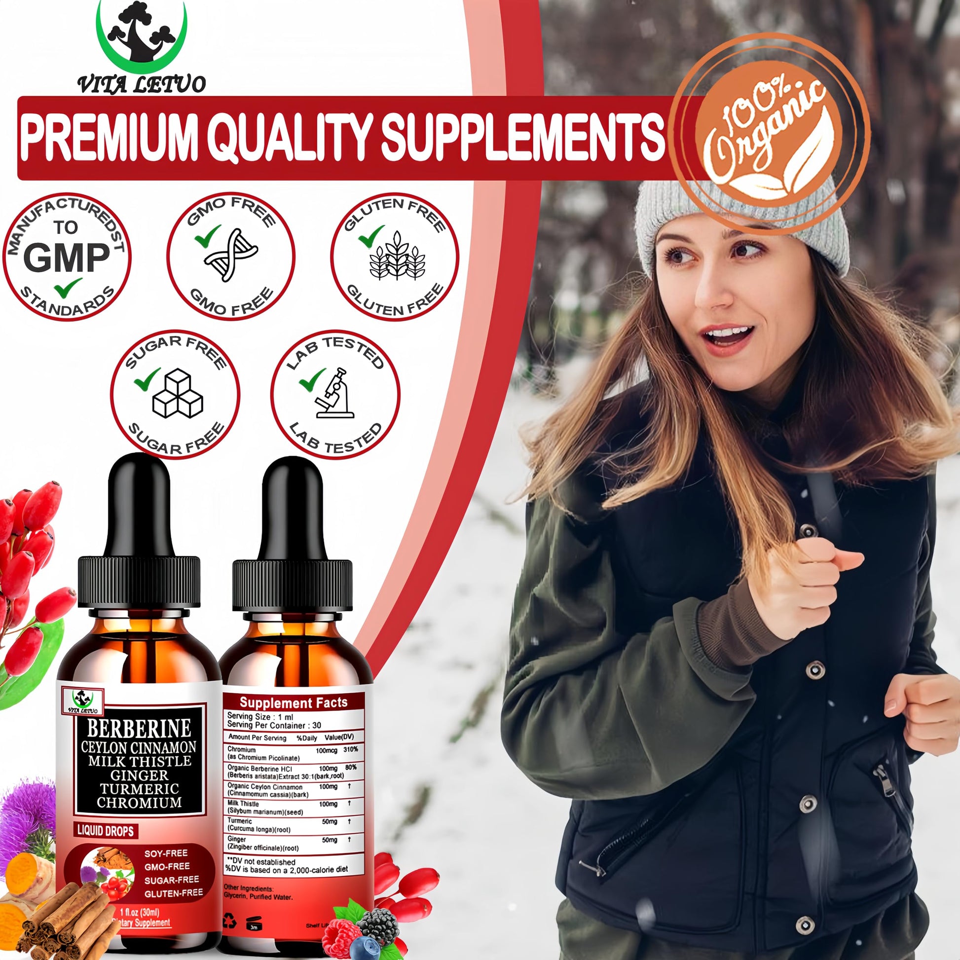 Berberine Drops, High Absorption 6-in-1 Liquid Berberine Supplement with Ceylon Cinnamon Milk Thistle Turmeric, Premium Berberine HCl for Immune Function Metabolic & Digestive Support, 30 Servings Vita letuoBuy Supplements Australia