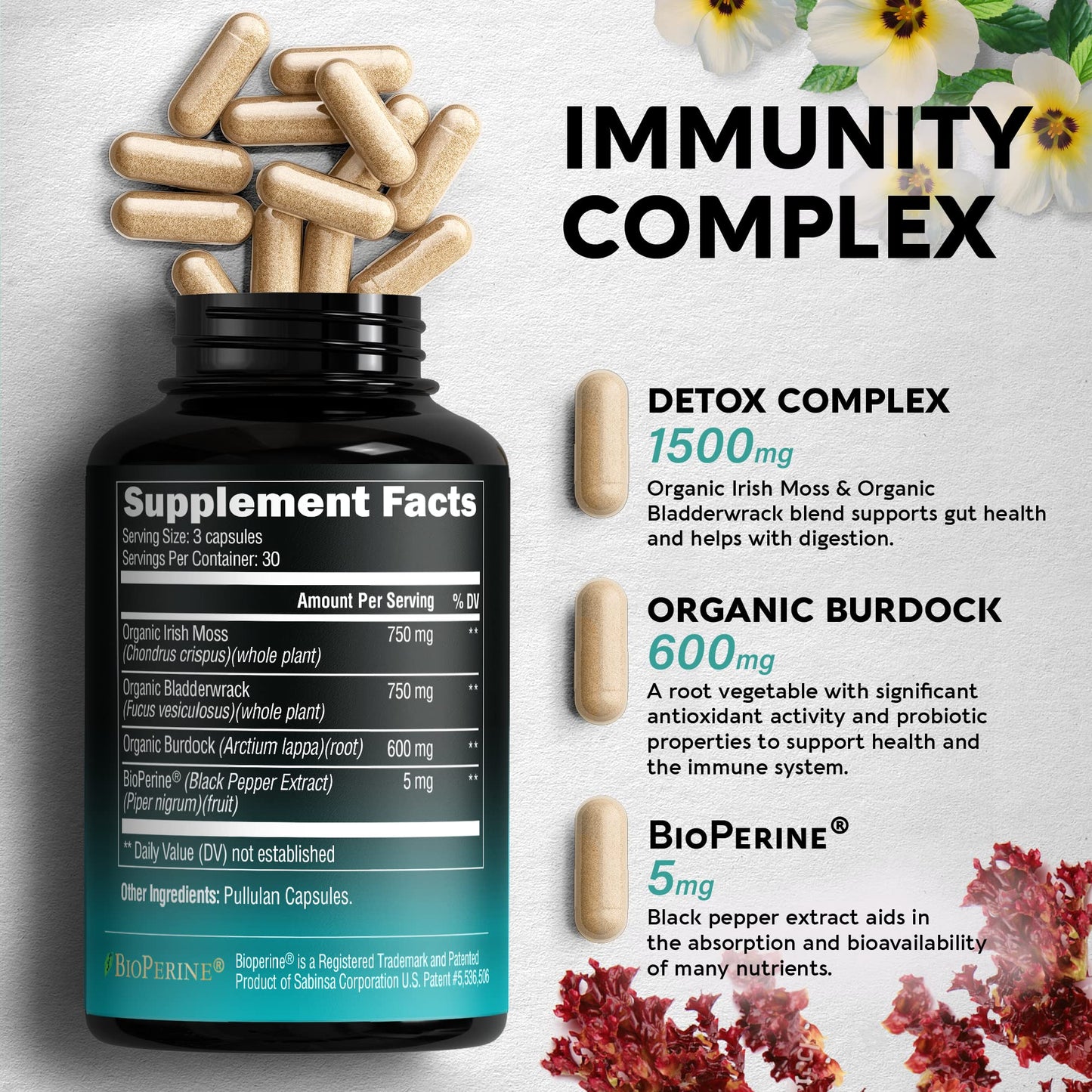 Irish Sea Moss Capsules - Made with Organic Sea Moss, Bladderwrack & Burdock Root - Made in USA - Advanced Superfood - Natural Multi Supplements Blend - Immunity & Energy Support - 90 Vegan Capsules NUTRAHARMONYBuy Supplements Australia
