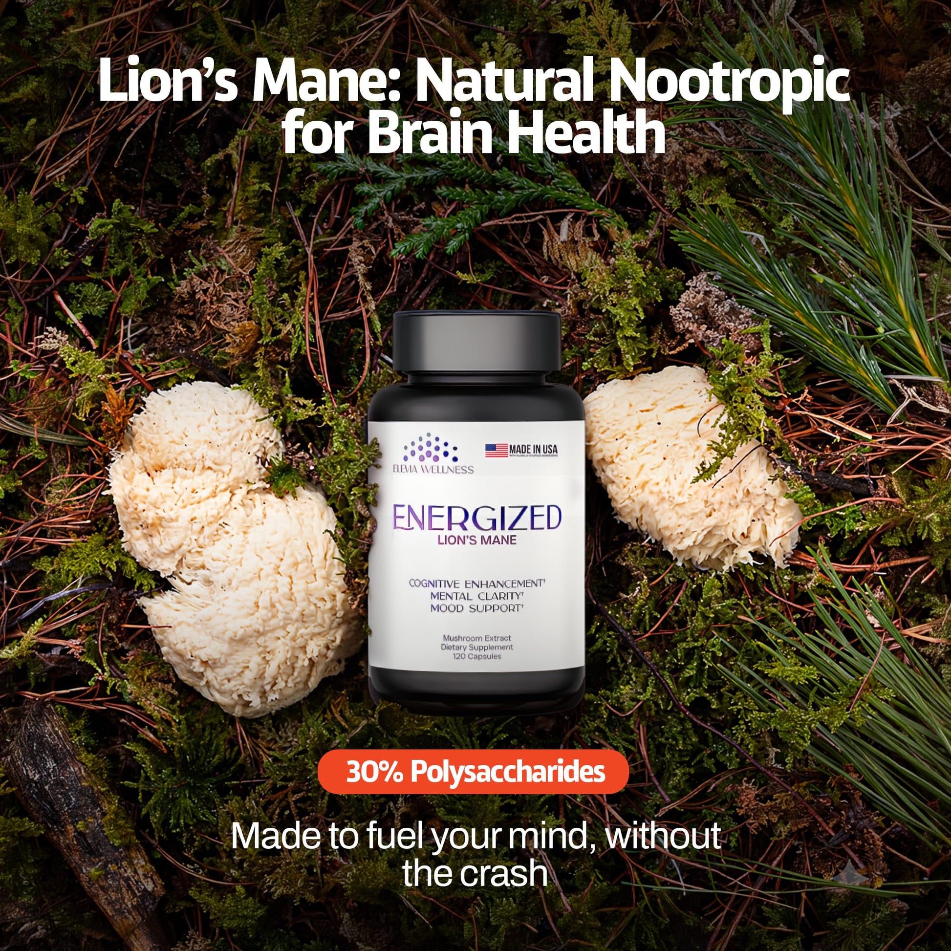 Energized Lions Mane Supplement Capsules (120ct),Brain Supplements for Memory and Focus, Nootropic for Brain Fog Relief Made in USA,30% Polysaccharides,Natural Brain Health Support Elevia WellnessBuy Supplements Australia