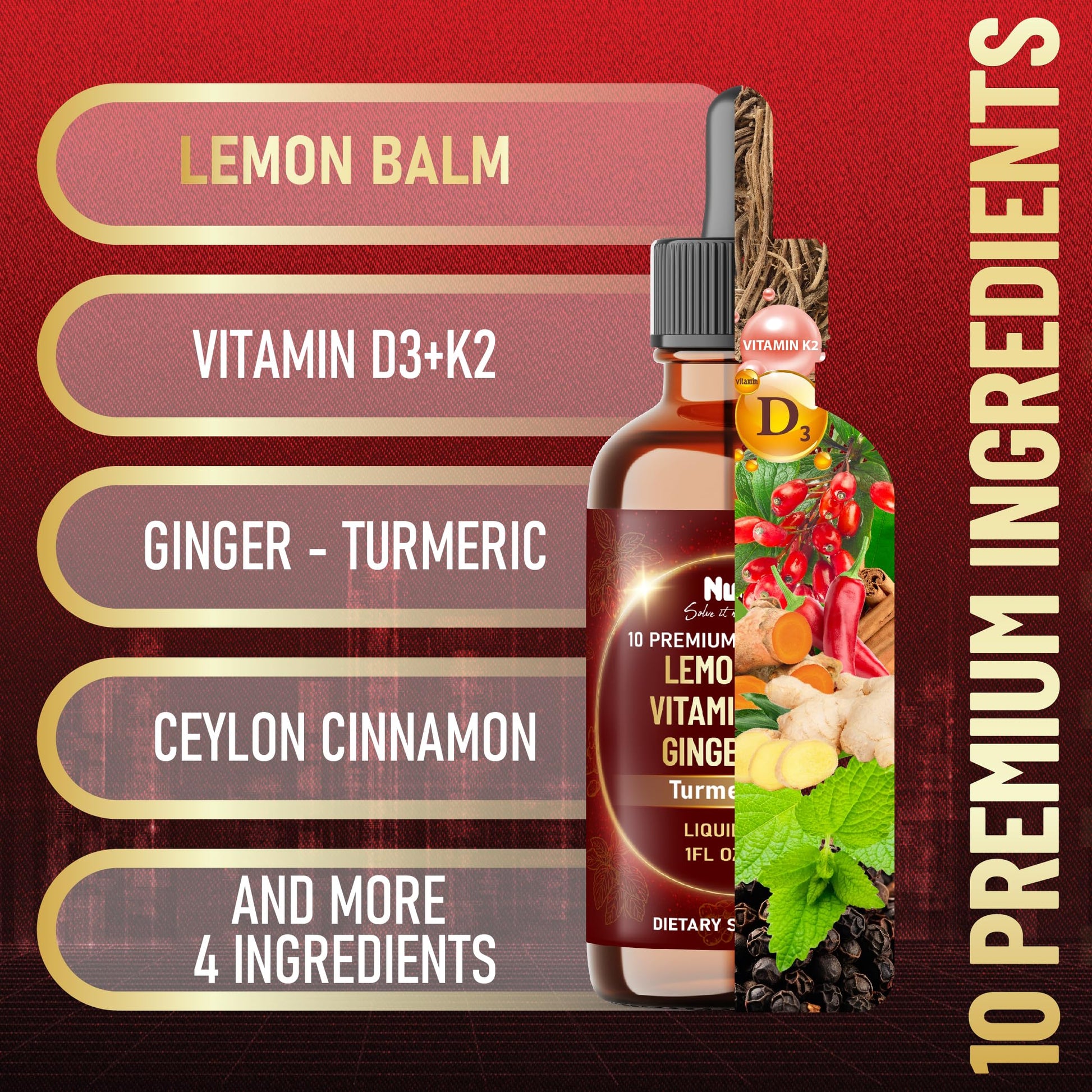 NUQIIT 10in1 Lemon Balm Tincture Blend Includes Vitamin D3, Vitamin K2, Lemon Balm, Ginger, Turmeric, Ceylon Cinnamon and More - 1 FL Oz - 60 Day Supply NUQIITBuy Supplements Australia