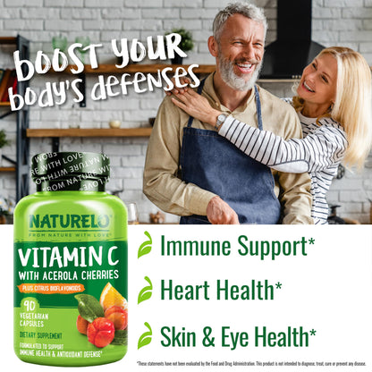 NATURELO Vitamin C with Organic Acerola Cherry Extract and Citrus Bioflavonoids - Vegan Supplement - Immune Support - 500 mg VIT C per Cap