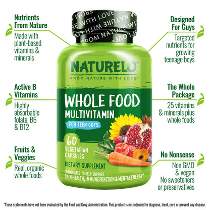 NATURELO Teen Multivitamin - Whole Food Multivitamin for Teenage Boys - Minerals Supplement for Active Kids