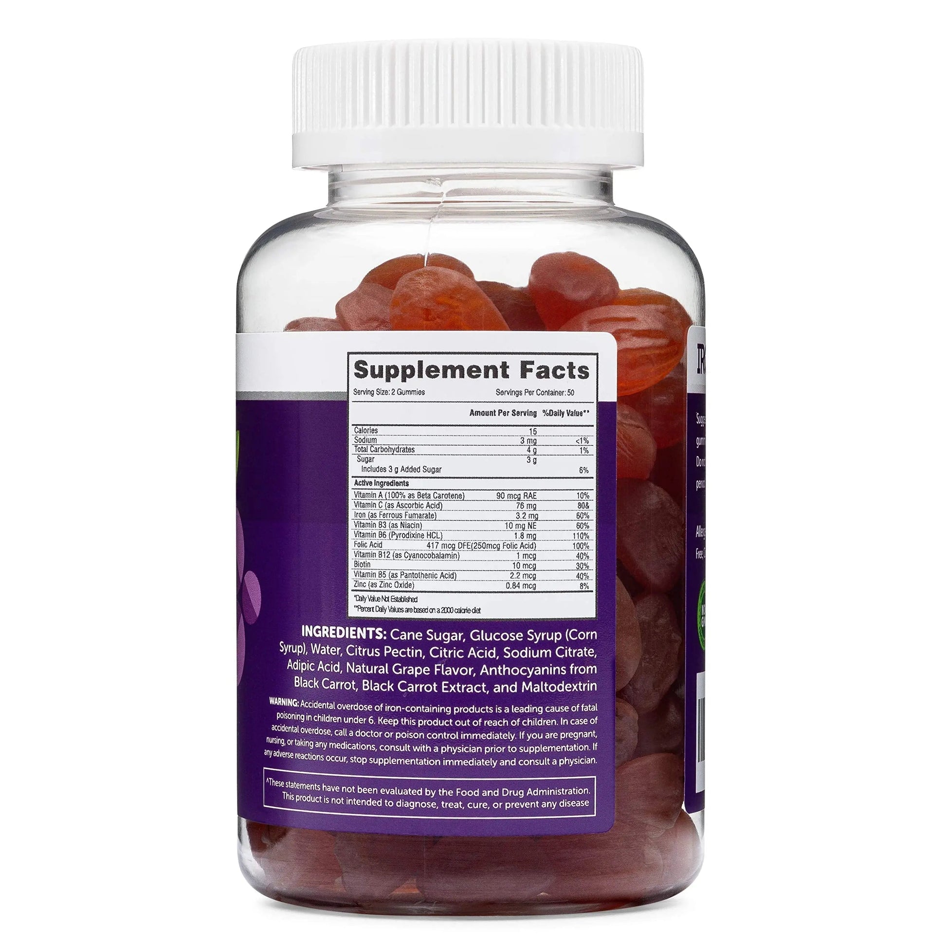 Iron Gummies for Adults and Kids, Chewable Multivitamin Supplement with Iron, Vitamin C, A, B, Zinc, Folic Acid, and Biotin (Grape Flavored) Vegan Safe Herbatech Supplements