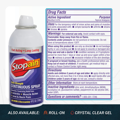 Stopain Pain Relief Spray 4oz, USA Made, Max Strength Fast Acting with Menthol, MSM, Glucosamine for Lower Back, Arthritis, Knee, Neck, Joints, HSA FSA Approved OTC Topical Analgesic Product StopainBuy Supplements Australia