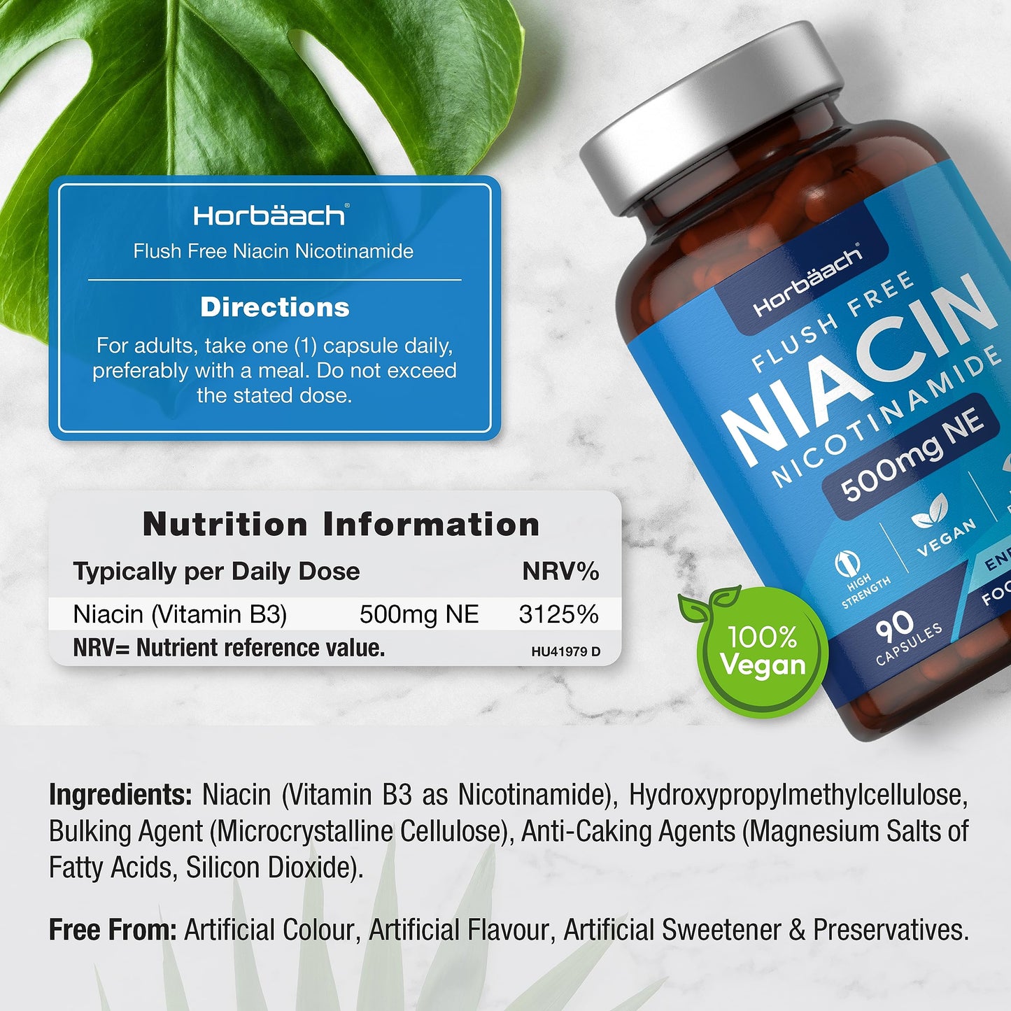 Vitamin B3 Niacin 500mg | 90 Vegan Capsules | Flush Free Nicotinamide Supplement HorbäachBuy Supplements Australia