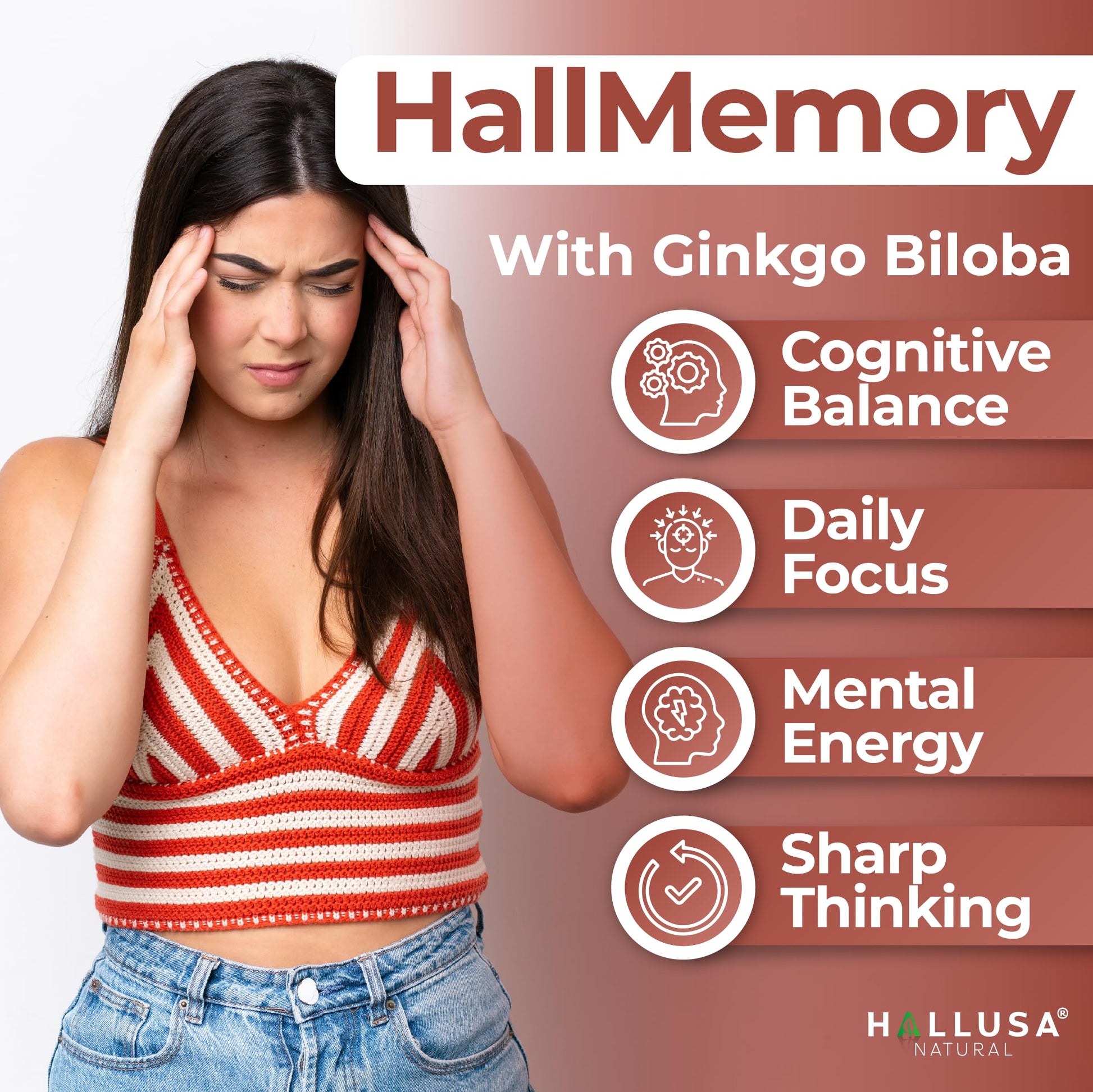 Hallusa Natural Brain Health Supplement Capsules 1680mg, Ginkgo Biloba, B Vitamins & Choline, Memory & Focus Support, Brain Booster for Men & Women, 60 Count Hallusa NaturalBuy Supplements Australia