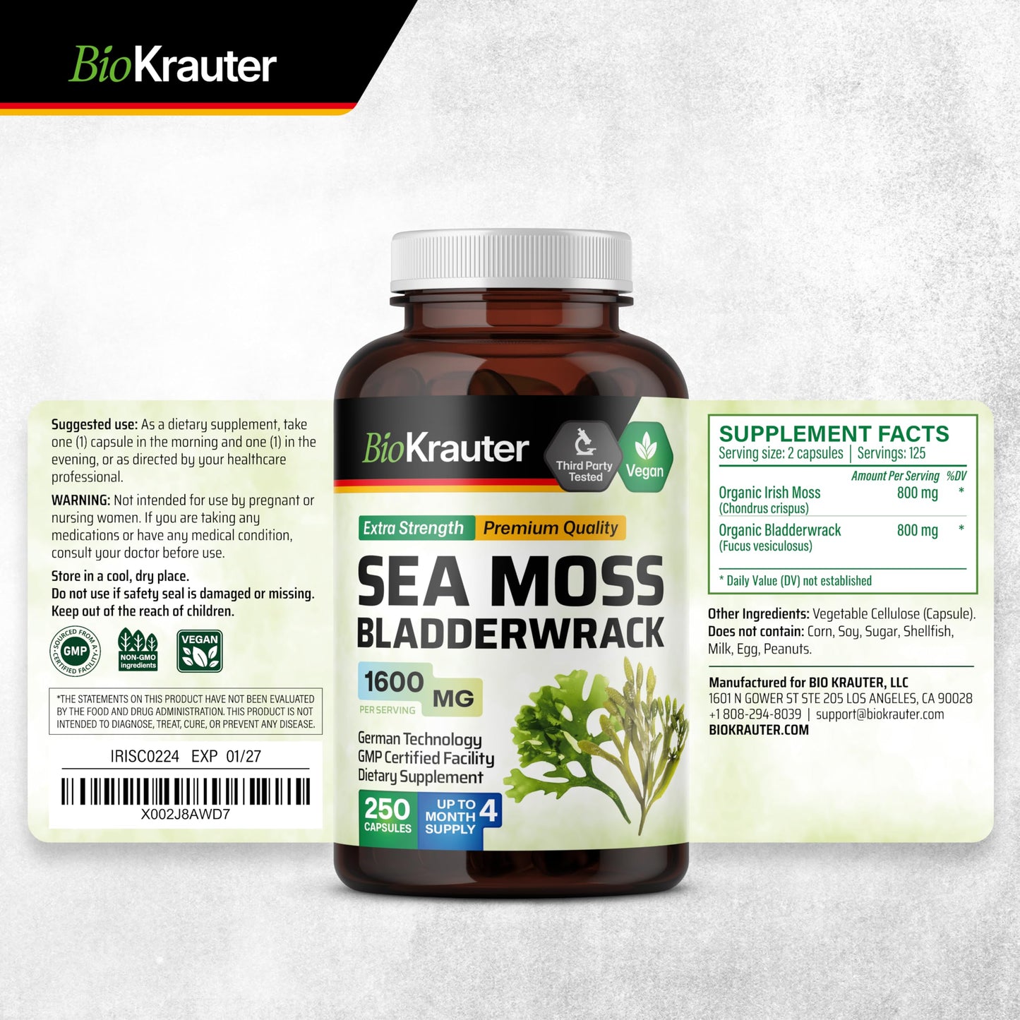 BIO KRAUTER® 2-in-1 Sea Moss for Thyroid Support - Vegan Bladderwrack & Sea Moss Capsules for Women & Men - Natural Сhondrus Сrispus Seaweed Supplement 1600 mg - 125 Days of Supply, Non-GMO BIO KRAUTERBuy Supplements Australia