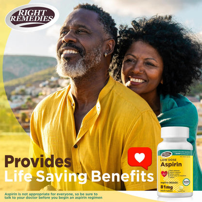 RIGHT REMEDIES Low Dose Aspirin 81mg, Enteric Coated Tablets, NSAID Pain Reliever & Fever Reducer for Adults, Compare to the Active Ingredient in Bayer® Low Dose Aspirin (500ct) RIGHT REMEDIESBuy Supplements Australia