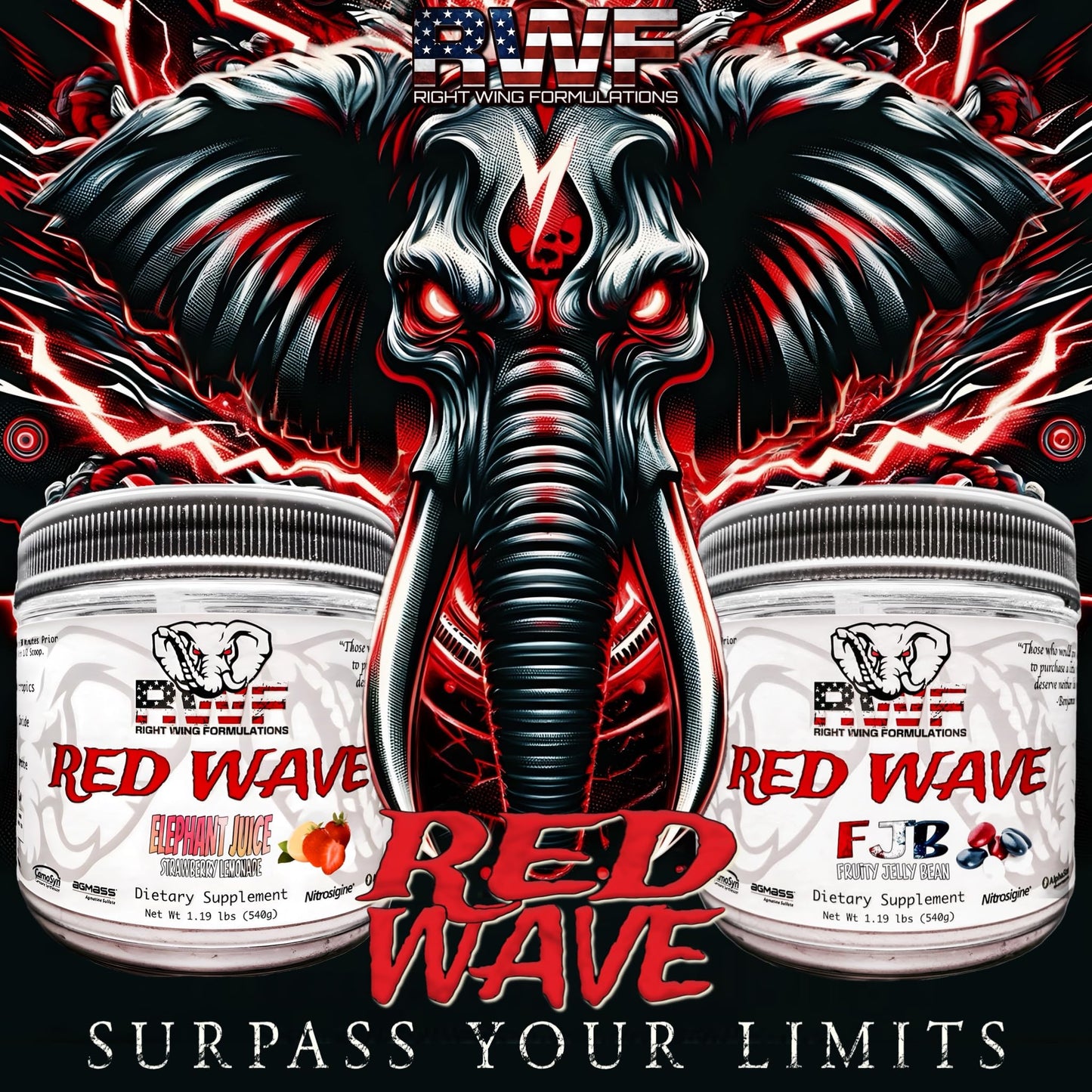 Red Wave Pre Workout Powder With Creatine, Perfect For Men And Women, American Made Nootropic Energy Drink, Stim, Pump, Strength, Citrulline, Beet Root, 300mg Caffeine, 540 Grams (Elephant Juice)