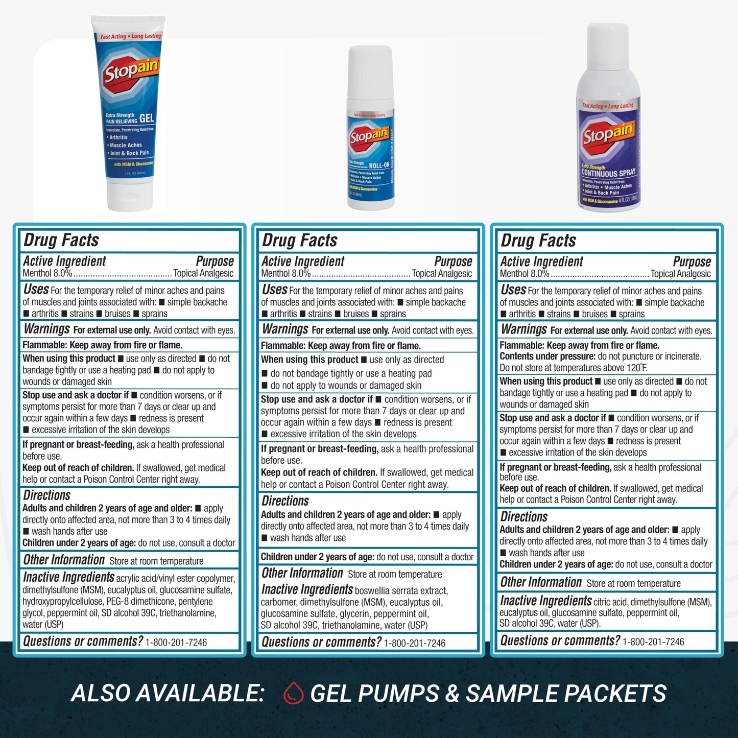 Stopain Pain Relief Combo Set (Gel, Roll On, Spray) USA Made, Max Strength Fast Acting with MSM, Glucosamine, Menthol for Lower Back, Knee, Neck HSA FSA Topical Analgesic Products StopainBuy Supplements Australia