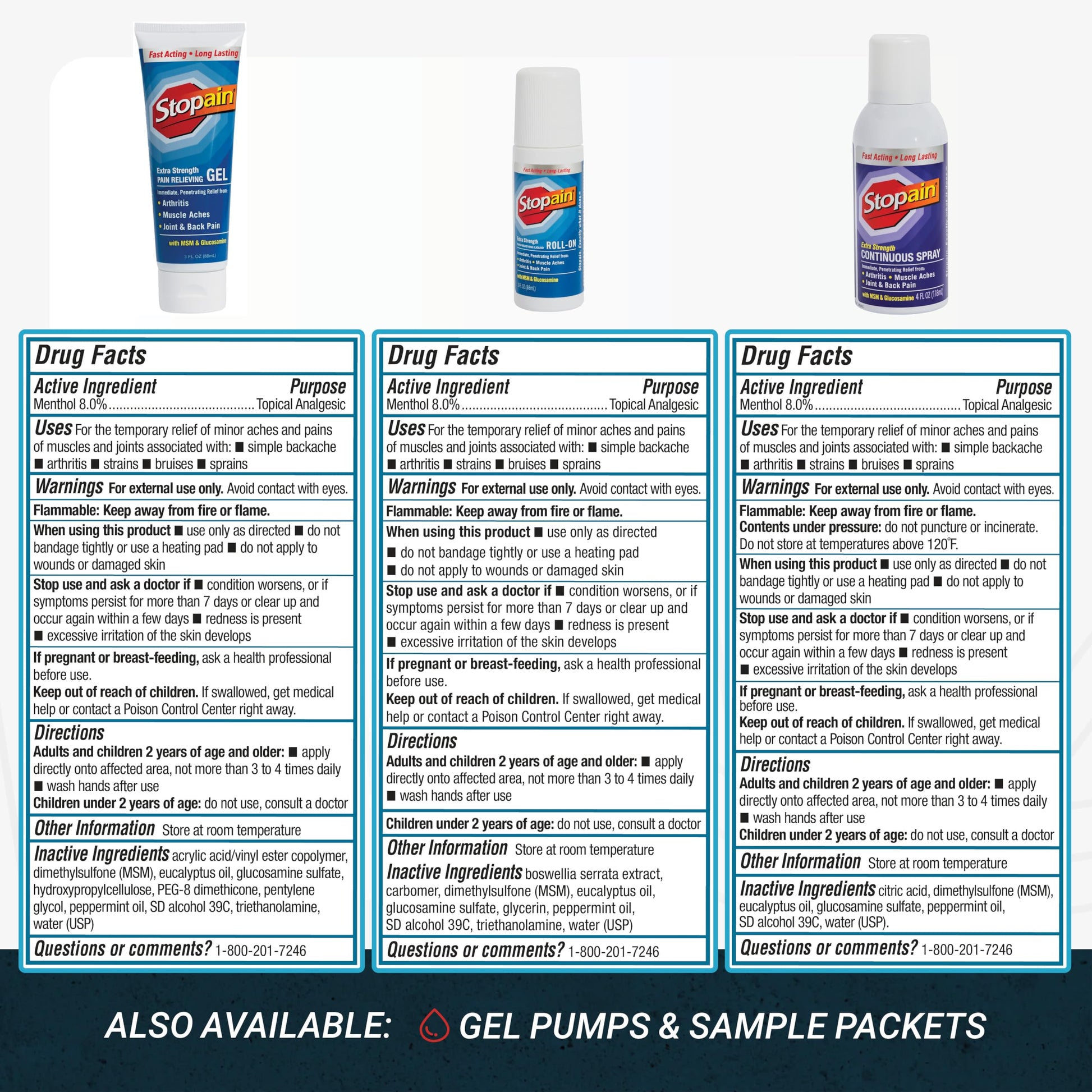 Stopain Pain Relief Combo Set (Gel, Roll On, Spray) USA Made, Max Strength Fast Acting with MSM, Glucosamine, Menthol for Lower Back, Knee, Neck HSA FSA Topical Analgesic Products StopainBuy Supplements Australia