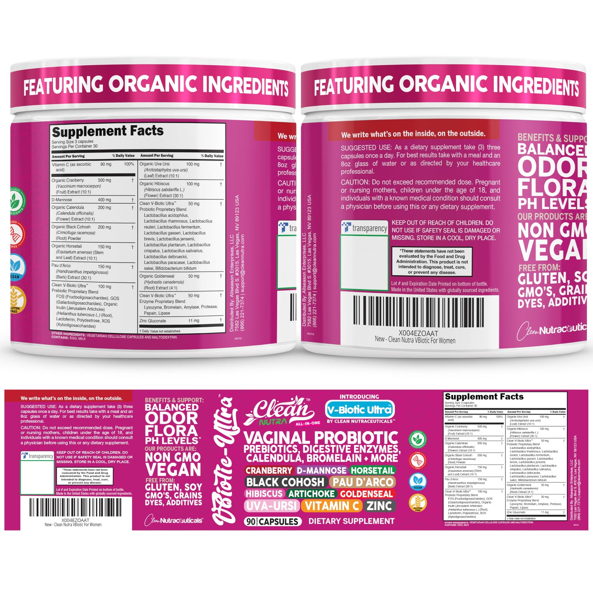 Clean Nutra Vaginal Probiotics for Women + Prebiotics Digestive Enzymes Bromelain Cranberry D Mannose Horsetail Black Cohosh Artichoke Hibiscus Flowers Probiotic for Digestive Health 90 Vegan Capsules Clean NutraceuticalsBuy Supplements Australia