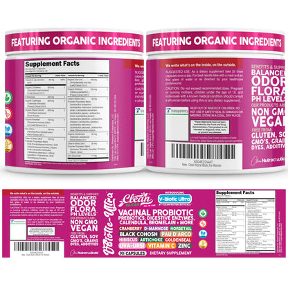 Clean Nutra Vaginal Probiotics for Women + Prebiotics Digestive Enzymes Bromelain Cranberry D Mannose Horsetail Black Cohosh Artichoke Hibiscus Flowers Probiotic for Digestive Health 90 Vegan Capsules Clean NutraceuticalsBuy Supplements Australia