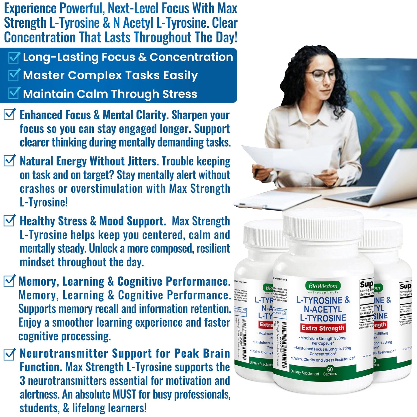 Max Strength L Tyrosine Supplement & N Acetyl L Tyrosine Peak Focus, Alertness, Concentration, Body & Mind Energy. L-Tyrosine 850mg Per 1 Capsule. A Well-Being Nutrient Boost For Performance BioWisdom NutraceuticalsBuy Supplements Australia