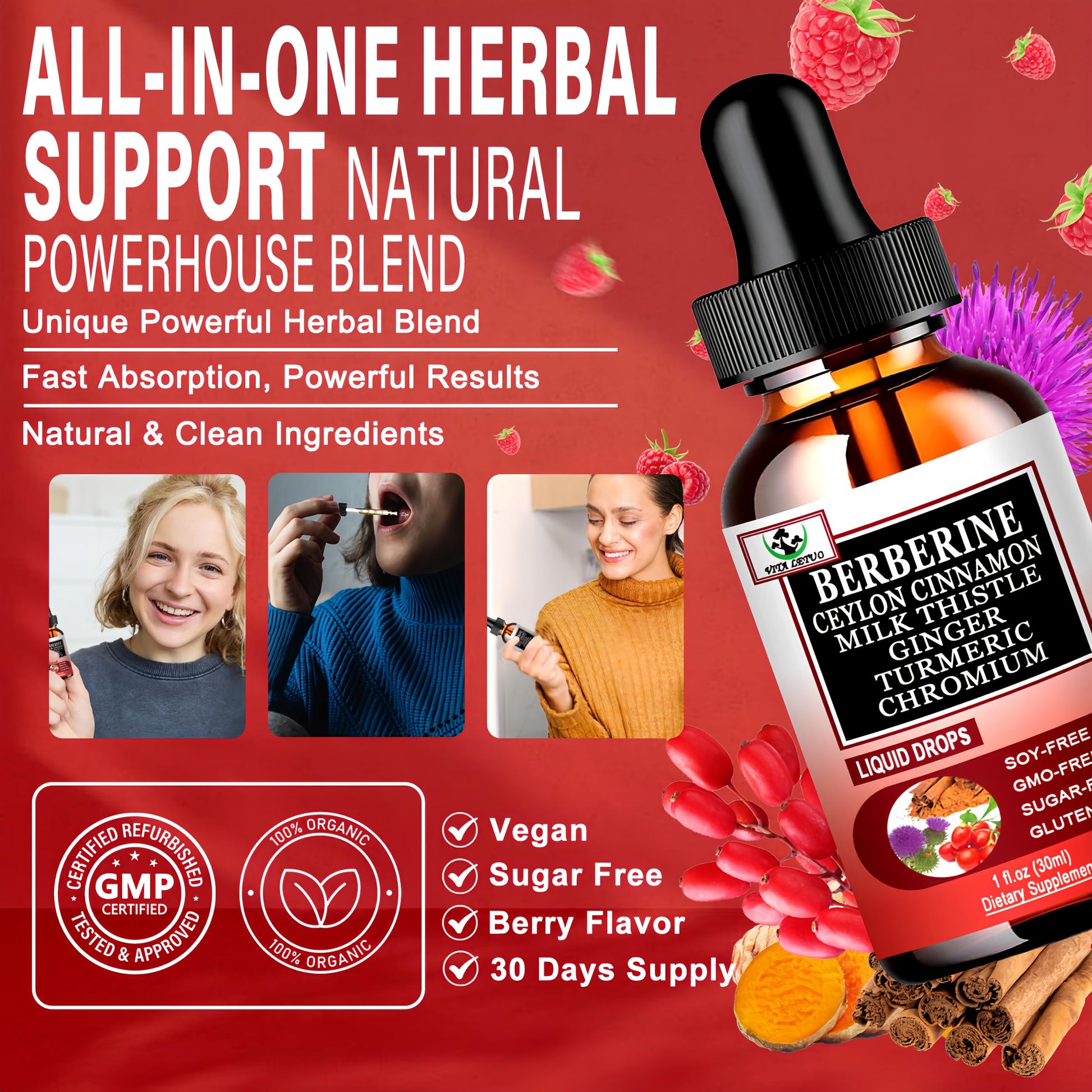 Berberine Drops, High Absorption 6-in-1 Liquid Berberine Supplement with Ceylon Cinnamon Milk Thistle Turmeric, Premium Berberine HCl for Immune Function Metabolic & Digestive Support, 30 Servings Vita letuoBuy Supplements Australia