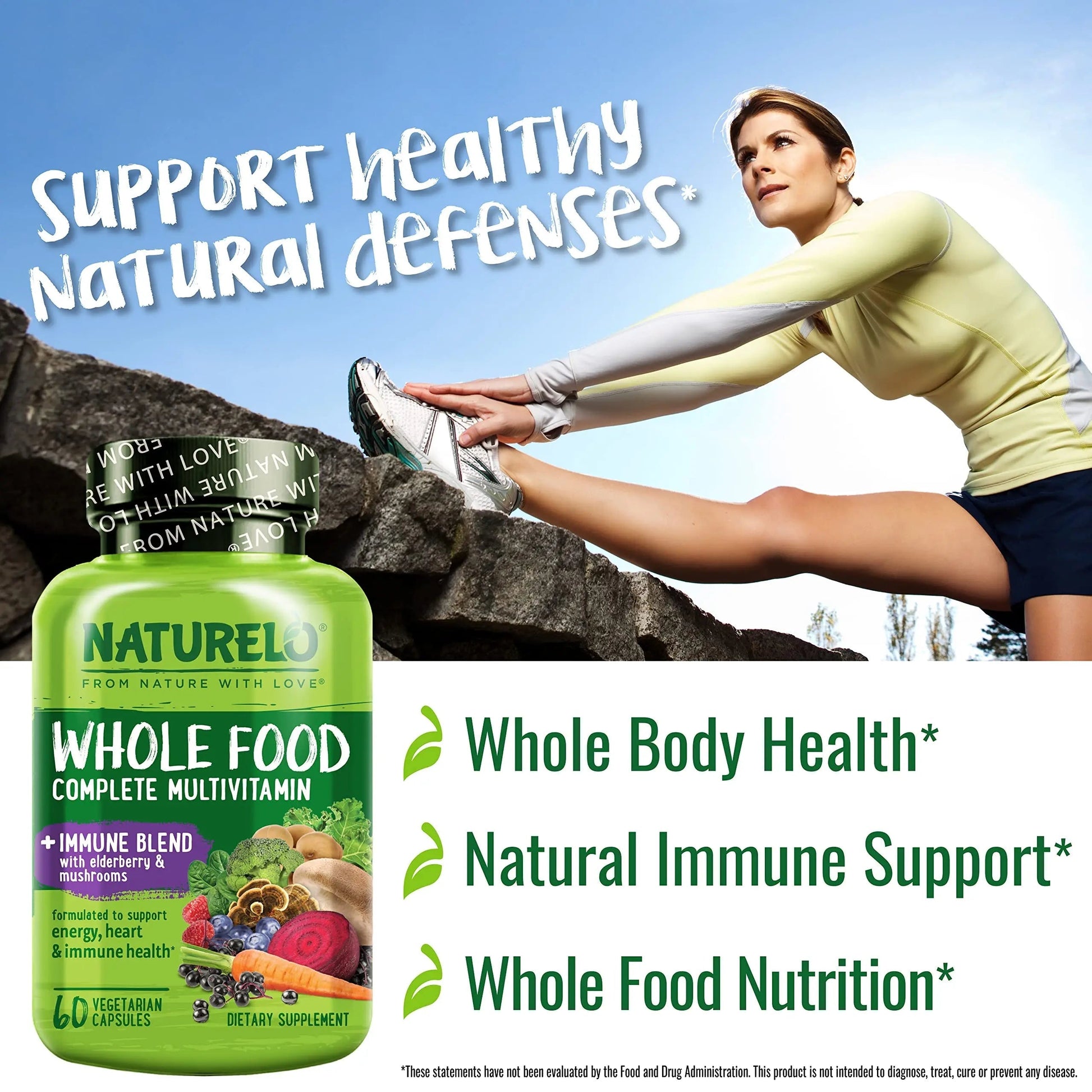 NATURELO Whole Food Multivitamin + Immune Blend with Elderberry & Mushrooms - Complete Multivitamin with Extra Immune Support NATURELO