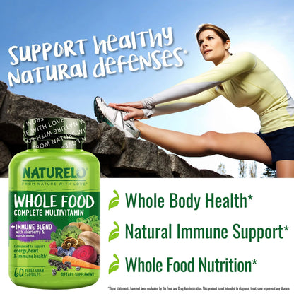NATURELO Whole Food Multivitamin + Immune Blend with Elderberry & Mushrooms - Complete Multivitamin with Extra Immune Support NATURELO