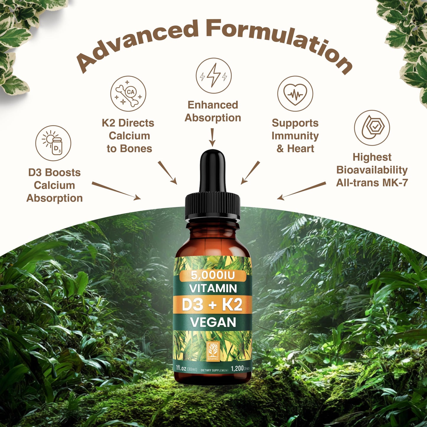 NATURTREU Vegan Vitamin D3 K2 Liquid Drops with MCT Oil for Adults (240 Servings) - Liquid Vitamin D K2 MK7 - All Natural, Non-GMO & Dr Formulated with 3X More Absorption - Third-Party Tested NATURTREUBuy Supplements Australia
