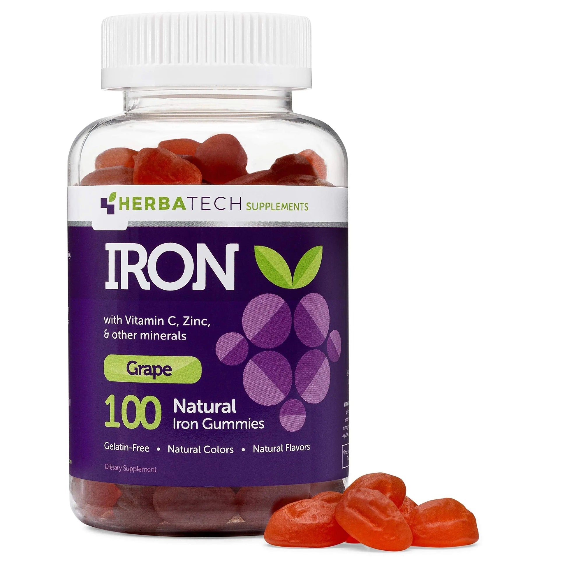 Iron Gummies for Adults and Kids, Chewable Multivitamin Supplement with Iron, Vitamin C, A, B, Zinc, Folic Acid, and Biotin (Grape Flavored) Vegan Safe Herbatech Supplements
