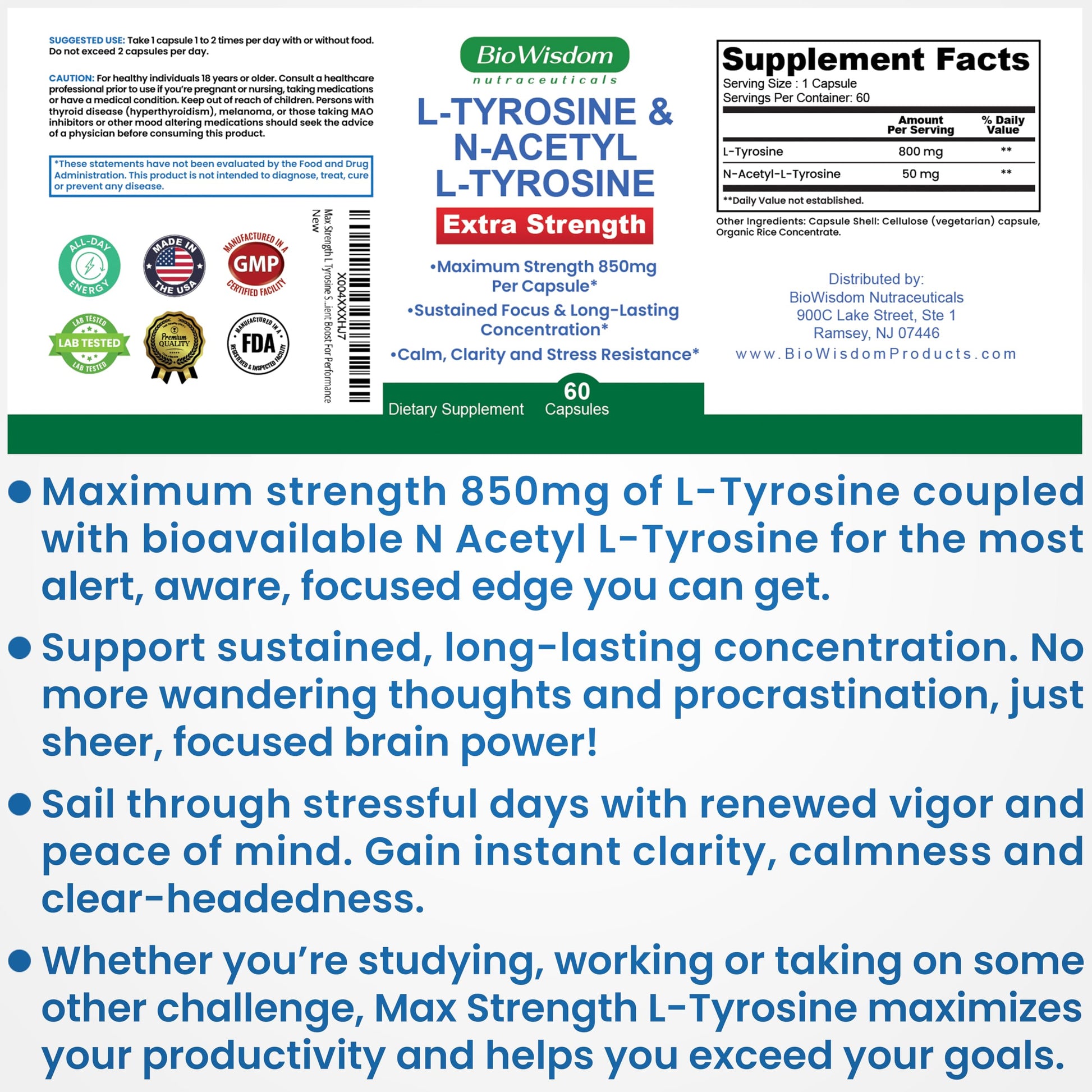 Max Strength L Tyrosine Supplement & N Acetyl L Tyrosine Peak Focus, Alertness, Concentration, Body & Mind Energy. L-Tyrosine 850mg Per 1 Capsule. A Well-Being Nutrient Boost For Performance BioWisdom NutraceuticalsBuy Supplements Australia