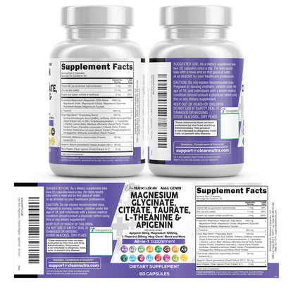 Clean Nutraceuticals Magnesium Glycinate Complex 1000mg with L-Theanine 200mg Apigenin 50mg Citrate Taurate Supplement - 5-HTP GABA Passion Flower Lemon Balm L-Glycine Phosphatidylserine - 60 Count Clean NutraceuticalsBuy Supplements Australia