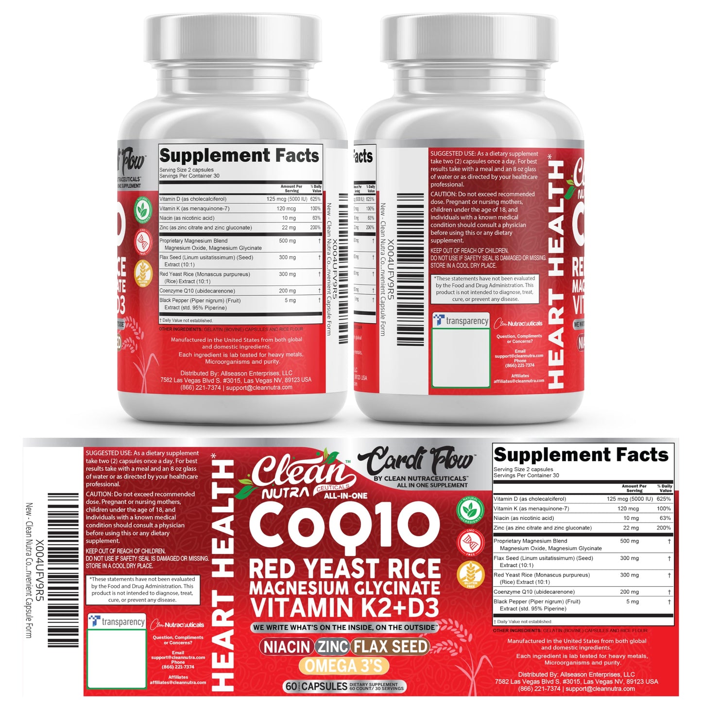 Clean Nutra CoQ10 Red Yeast Rice Magnesium Glycinate Vitamin K2 D3 Niacin Zinc Flax Seed Omega 3 Capsules 60 Count All in One Formula Premium Ingredients Dietary Supplement Clean NutraceuticalsBuy Supplements Australia