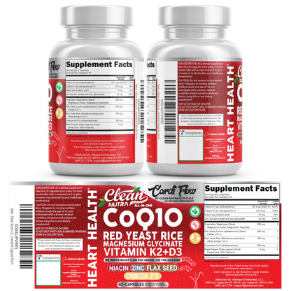 Clean Nutra CoQ10 Red Yeast Rice Magnesium Glycinate Vitamin K2 D3 Niacin Zinc Flax Seed Omega 3 Capsules 60 Count All in One Formula Premium Ingredients Dietary Supplement Clean NutraceuticalsBuy Supplements Australia