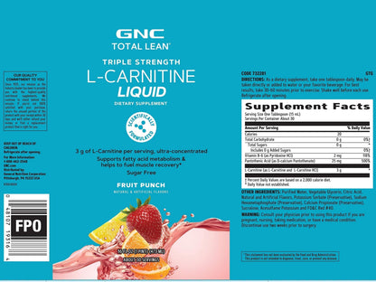 GNC Total Lean Triple Strength L-Carnitine Liquid | Supports Fatty Acid Metabolism GNCBuy Supplements Australia