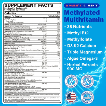 Methylated Multivitamin for Women & Men Gummies w/ Omega-3, Calcium, D3 K2, Methylfolate & B12, TMG, Daily Vitamin A, C, E, B Complex, Magnesium, CoQ10 NEVISSBuy Supplements Australia