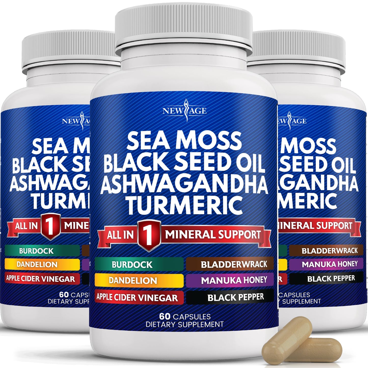 Silica Sea Moss 3000mg Black Seed Oil 2000mg Ashwagandha 1000mg Turmeric 1000mg 