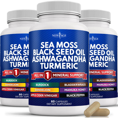 Silica Sea Moss 3000mg Black Seed Oil 2000mg Ashwagandha 1000mg Turmeric 1000mg 