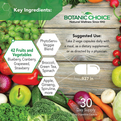 Botanic Choice Since 1910 - Mega Fruits & Veggies Blend - 42 Fruits and Vegetables - 2 Caps Daily - 60 Count Supplement Botanic ChoiceBuy Supplements Australia
