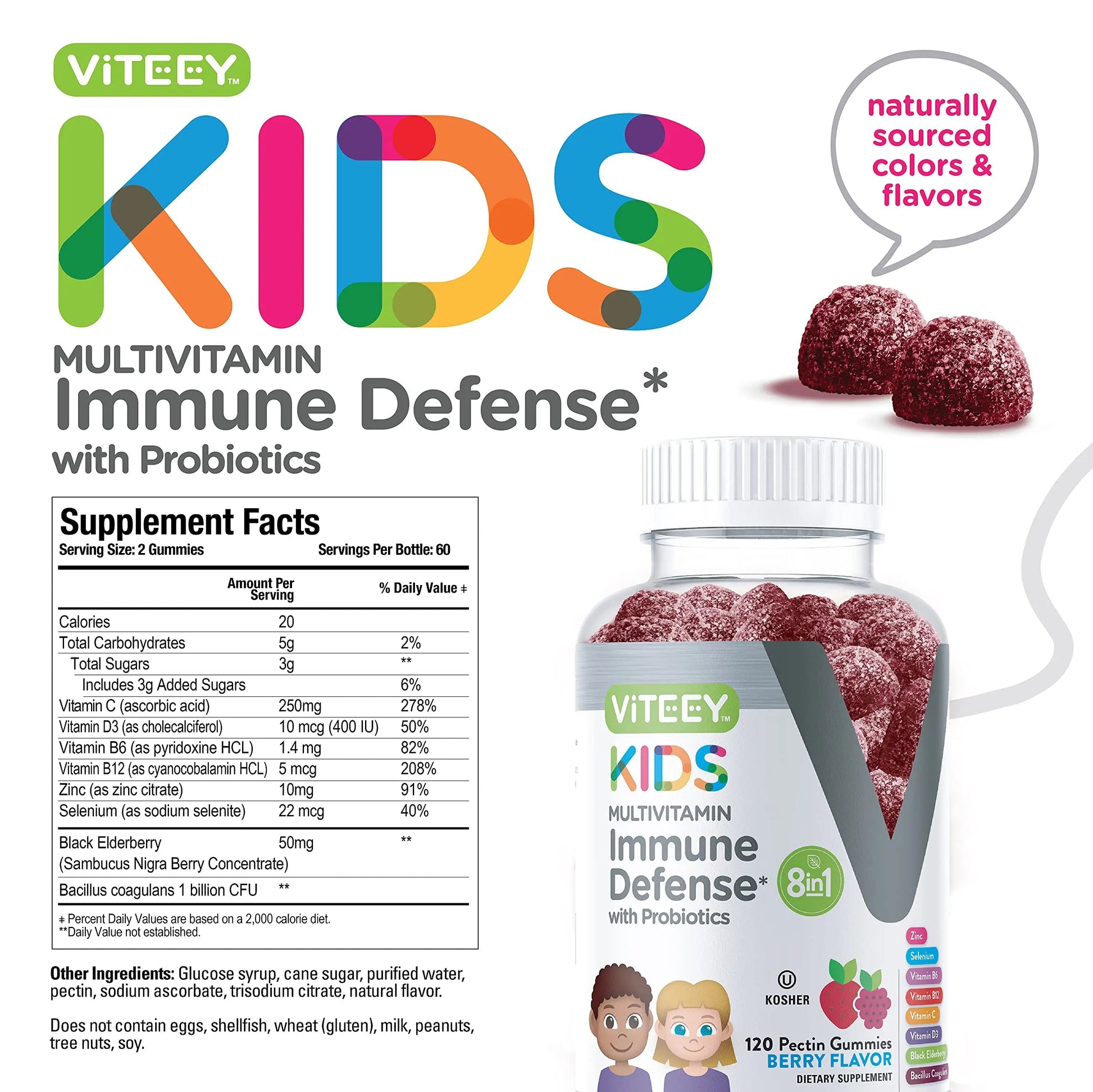 Viteey Kids Multivitamin Gummies with Probiotics - 8-1 Kids Vitamins for Immune Health Support with Vitamin C, D3, B12, B6 Viteey