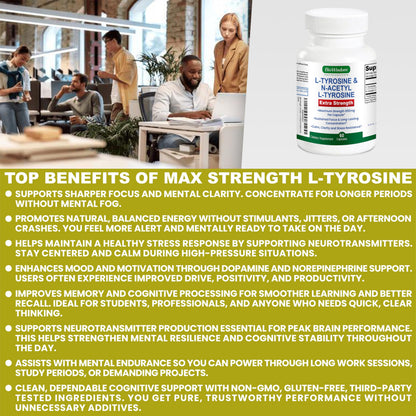 Max Strength L Tyrosine Supplement & N Acetyl L Tyrosine Peak Focus, Alertness, Concentration, Body & Mind Energy. L-Tyrosine 850mg Per 1 Capsule. A Well-Being Nutrient Boost For Performance BioWisdom NutraceuticalsBuy Supplements Australia