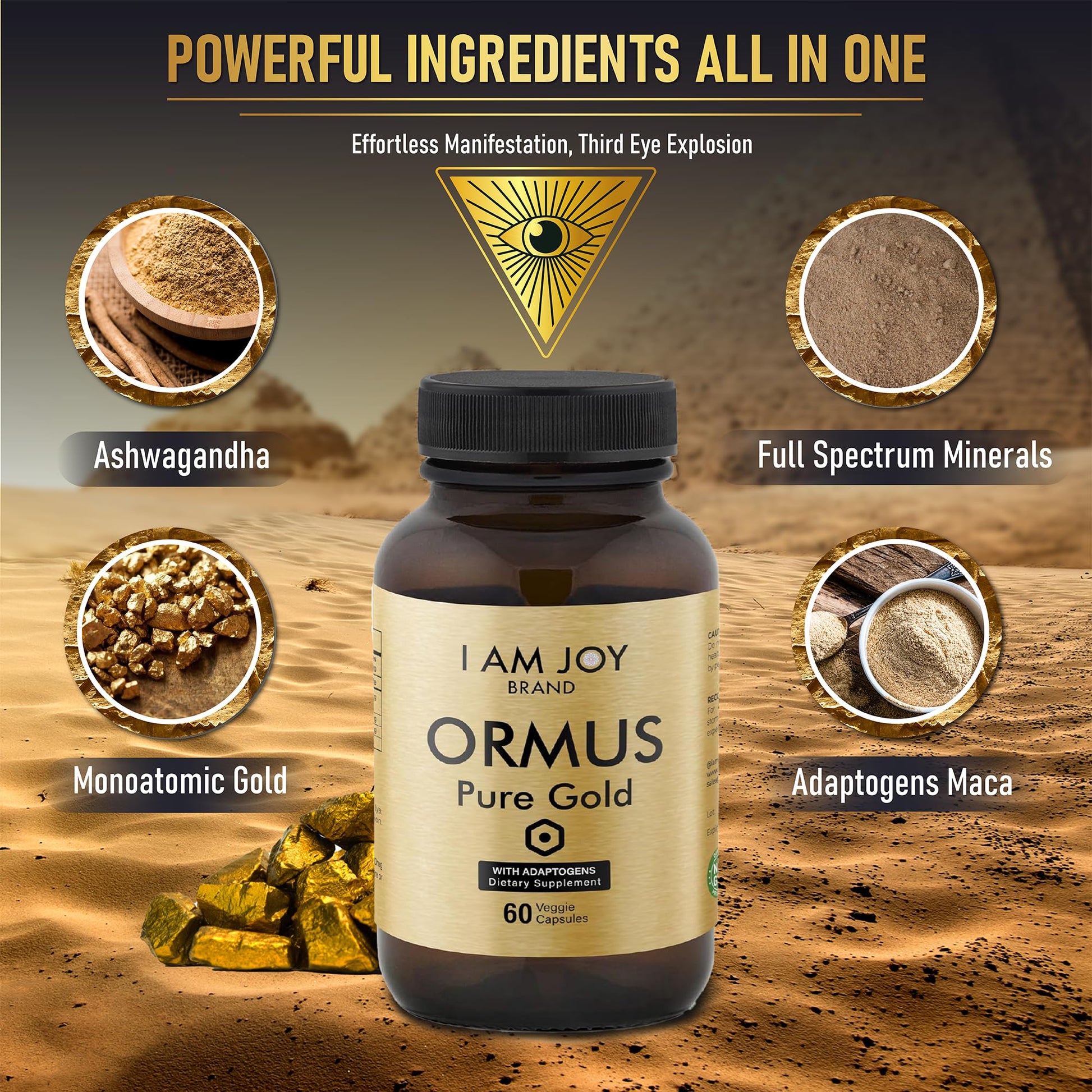 I Am Joy co. Ormus Gold Capsules Monoatomic Elements with Adaptogens Maca and Ashwaganda | May Help Balance Mood, Decalcify Pineal Gland, Repair DNA, Enhance Relaxation - 60 Vegan Capsules I Am Joy co.Buy Supplements Australia