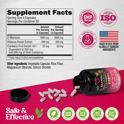 D-Mannose 2000mg with Cranberry & Hibiscus - Clinically Tested Strength for Urinary Tract Health - Supplement for Women - Bladder, Liver & Microflora Support - Made in USA - Vegan, 120 Capsules NUTRAHARMONYBuy Supplements Australia