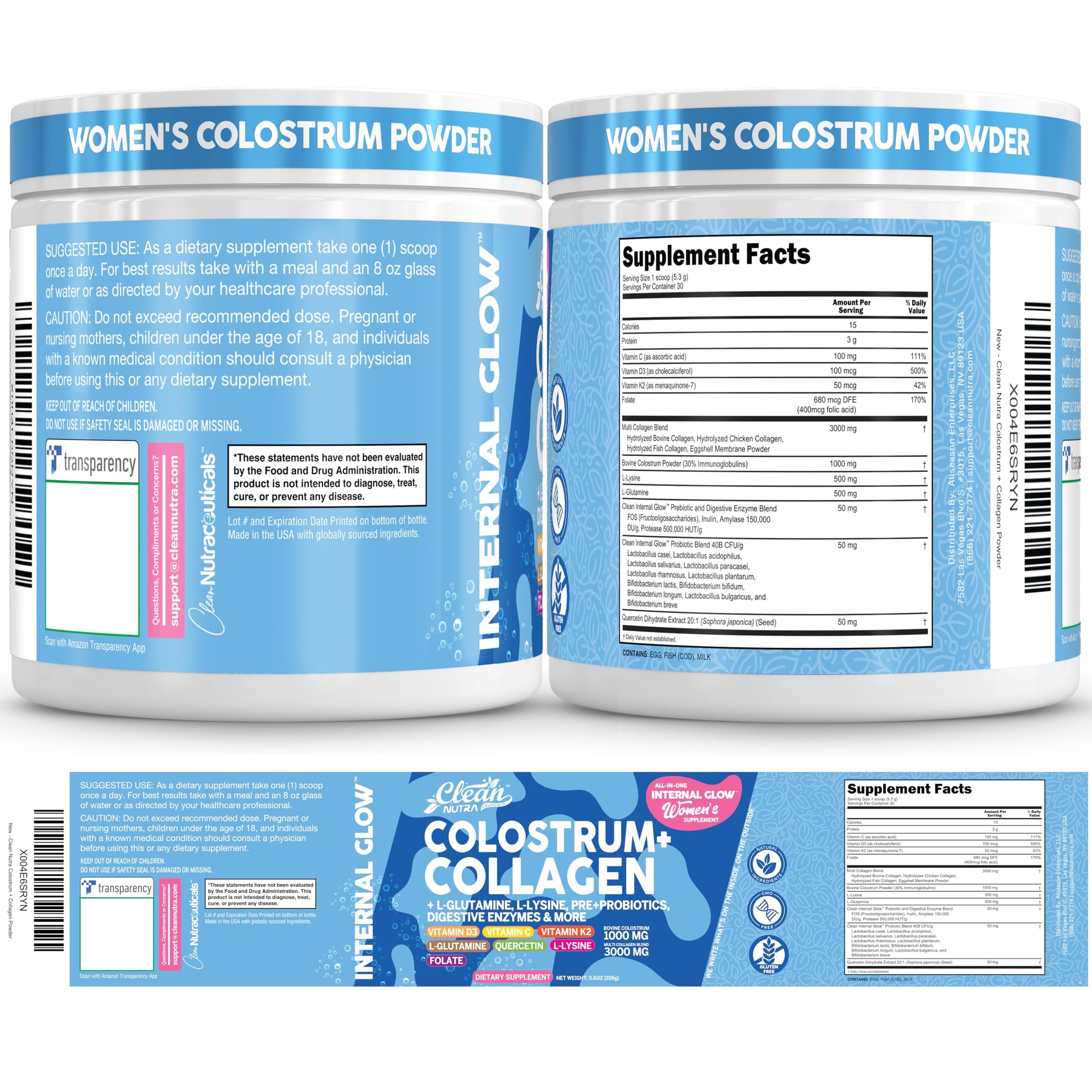 Bovine Colostrum Powder + Collagen Peptides with L-Glutamine L-Lysine Prebiotics Probiotics Digestive Enzymes Vitamin D K2 C Quercetin & Folate | Gut Health Supplement Internal Glow By Clean Nutra Clean NutraceuticalsBuy Supplements Australia